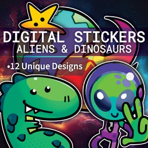 May include: A set of 12 digital stickers featuring cute cartoon aliens and dinosaurs. The stickers are perfect for adding a fun and whimsical touch to your digital projects.