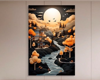 Paper cut Print River Nature Landscape Painting Print On Canvas paper quilling art Paper cut art Japanese artwork Landscape Ukiyo-e Style