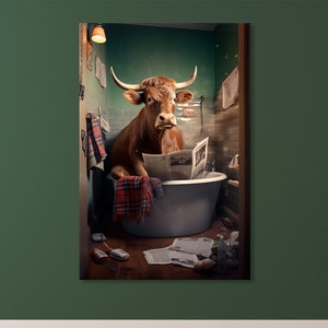 Funny Farmhouse Art Cow Enjoying Bathtub Time with Newspaper Amusing Canvas Wall Art Hilarious Bathroom Decor Print Funny Animal Painting