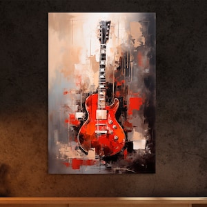 Red Guitar Painting Print on Canvas Colorful Acrylic Canvas Wall Art Abstract Music Room Decor Print