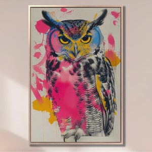Impresión de pintura de búho colorido, ave rapaz del bosque vibrante, lienzo de arte de pared, depredador volador, decoración de pared, listo para colgar, regalo, póster de animal abstracto