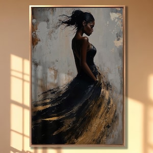 Black and Gold Woman Canvas Art: Abstract Fashion Print