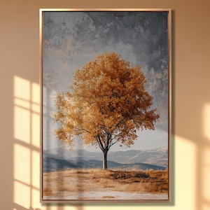 Lienzo con árbol otoñal, arte de pared, pintura de paisaje otoñal, impresión de naturaleza, decoración de pared, póster de paisaje de montaña, obra de arte serena grande, lista para colgar, regalo