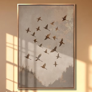 Lienzo con diseño de bandada de pájaros, arte de pared, pintura de pájaros voladores, decoración de pared minimalista, póster inspirado en la naturaleza, obra de arte neutra lista para colgar, regalo