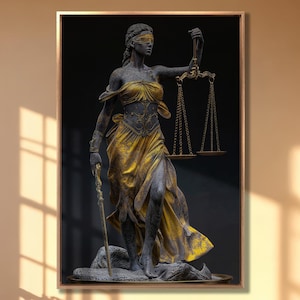 Elegante estatua con balanza de justicia, impresión artística, lienzo de Themis, arte de pared, decoración de pared en estilo bronce y dorado, obra de arte lista para colgar, póster de regalo para abogado