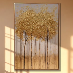 Lienzo con árboles de follaje dorado, arte de pared, pintura abstracta grande de otoño, impresión de paisaje otoñal, decoración de pared, póster de arte impresionista listo para colgar