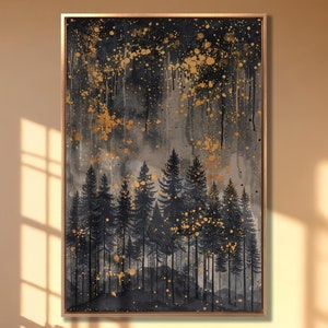 Lienzo de bosque místico, arte de pared, pinos en el cielo nocturno estrellado, pintura impresa, escena de bosque mágico, decoración de pared, naturaleza abstracta, póster grande