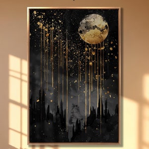 Art mural abstrait sur toile lune dorée, ciel étoilé, peinture impression paysage mystique noir et or, décoration murale, affiche céleste moderne