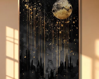 Golden Moon Canvas Art: Abstract Starry Night, Modern Celestial Wall Decor