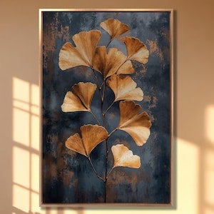 Lienzo con hojas de ginkgo doradas, arte de pared, pintura abstracta de hojas, impresión de lujo, decoración de pared, póster de follaje, obra de arte botánica moderna lista para colgar