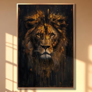 Impresión de pintura abstracta dorada de león majestuoso, lienzo del rey de la jungla, arte de pared, decoración de pared de animales reales, vida silvestre, listo para colgar, póster grande