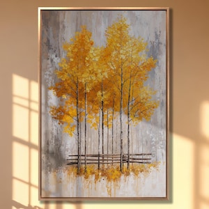 Lienzo con árboles otoñales, arte de pared, pintura rústica de otoño, decoración de pared serena, póster de paisaje otoñal, obra de arte de naturaleza abstracta lista para colgar