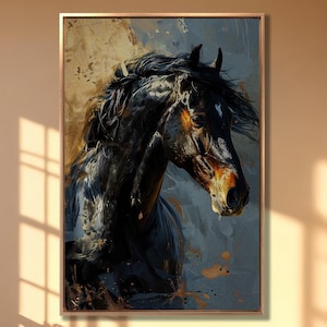 Black Horse Portrait Painting Print: Equestrian Canvas Wall Art
