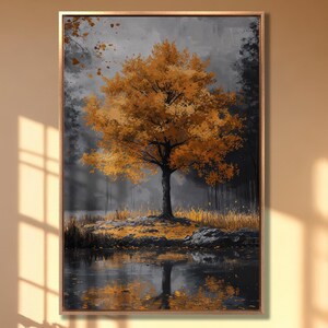 Lienzo con hojas de árbol de color naranja vibrante junto al lago, arte de pared, pintura de paisaje otoñal, decoración de pared serena, póster de paisaje otoñal listo para colgar, regalo