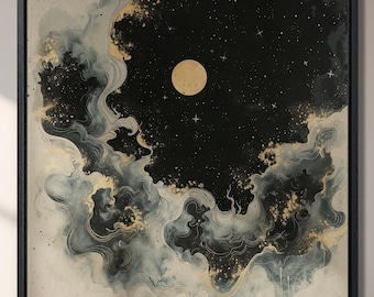 May include: A black framed canvas print with a dark blue and gold abstract design of clouds and a full moon in the center.