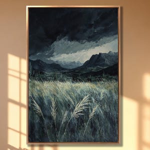 Framed Mountain Landscape Canvas Print: Stormy Sky, Green Field