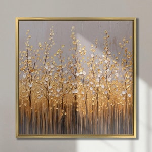 Lienzo abstracto con árboles dorados, arte de pared, pintura de arboleda con hojas doradas, decoración de pared otoñal, obra de arte inspirada en la naturaleza, póster de arte otoñal listo para colgar