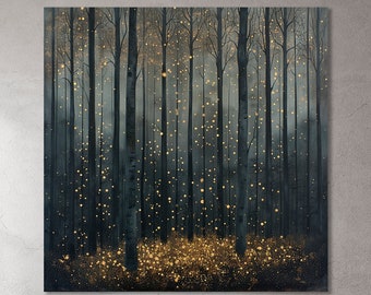 Mystical Forest Abstract Print Modern Painting Print Large Canvas Wall Art Golden Sparks Nature Scene Wall Decor Mysterious Woodland Poster