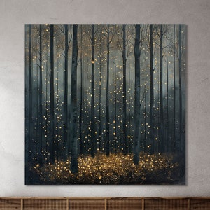 Mystical Forest Abstract Print Modern Painting Print Large Canvas Wall Art Golden Sparks Nature Scene Wall Decor Mysterious Woodland Poster