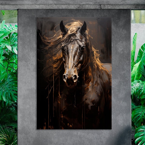 Elegant Horse Head Oil Painting Print: Gold Dripping on Black Canvas - Stunning Wall Art