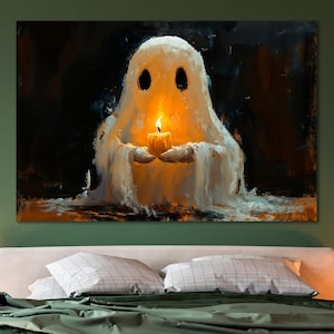 Eerie Ghostly Figure Holding Candle Canvas Wall Art Creepy Atmosphere Halloween Painting Print Paranormal Poster Country Decor Ready to Hang