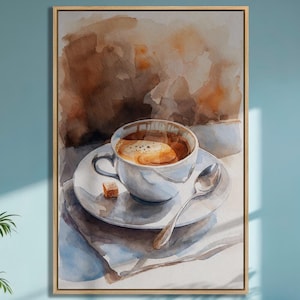 Espresso Watercolor Painting: Steaming Coffee Cup Canvas Wall Art