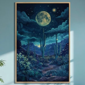Impresión artística de desierto iluminado por la luna mística, paisaje de cactus encantados, lienzo para pared, decoración de pared con luna llena en cielo estrellado, póster vertical de naturaleza escénica
