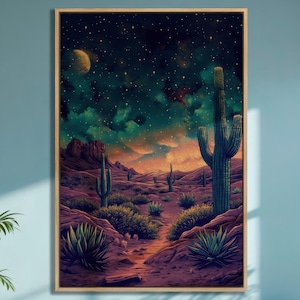 Lienzo con cielo estrellado, arte de pared, paisaje de cactus sereno, encantadora noche desértica, impresión, decoración de pared, ilustración de naturaleza vibrante, listo para colgar, regalo