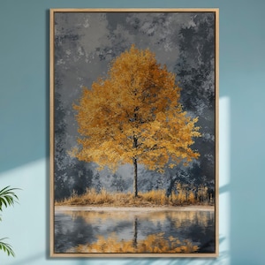 Lienzo con diseño de árbol de hojas amarillas, arte de pared, pintura de paisaje sereno, impresión grande, decoración de pared de otoño, póster de naturaleza pacífica de otoño listo para colgar, regalo