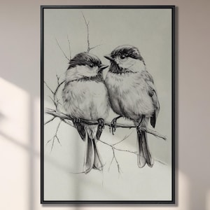 Lienzo decorativo con diseño de bocetos de carboneros, dos pájaros pequeños posados, impresión en blanco y negro, decoración de pared, regalo para amantes de los animales, listo para colgar