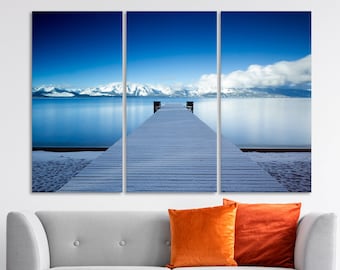 Serene Beauty Wide Wall Decor: A Pier on Lake Tahoe Canvas Wall Art - Snow-Capped Nevada Mountains Panoramic Nature Print