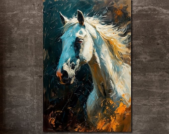 Elegant White Horse Painting Canvas Wall Art Stylish Equine Wall Decor Captivating Equestrian Art Print Extra Large Wall Art