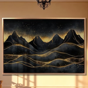 Lienzo con paisaje de montaña surrealista, arte de pared, pintura de montañas oscuras, impresión en negro y dorado, decoración de pared, póster abstracto de cielo nocturno listo para colgar
