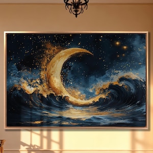 Lienzo con luna creciente dorada, arte de pared, pintura de olas del océano, decoración de pared mística, póster de cielo estrellado, obra de arte celestial lista para colgar