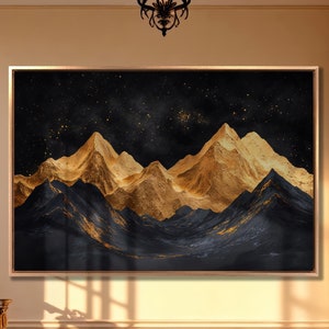 Lienzo de arte de pared con montañas doradas bajo un cielo estrellado, pintura abstracta de paisaje, decoración de pared de lujo, obra de arte en negro y dorado lista para colgar