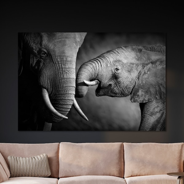 Elephant Mom and Baby Showing Affection Canvas Wall Art African Elephants Art Print for Wall Decor