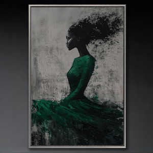 Abstract Black Woman Portrait: Green Dress Canvas Wall Art