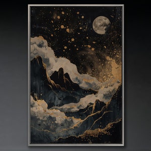 Lienzo de luna dorada sobre montañas, arte de pared, pintura celestial abstracta, impresión de cielo nocturno lunar, decoración de pared, obra de arte moderna, póster listo para colgar