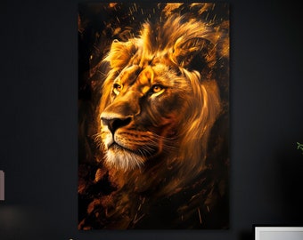 Golden Lion with Mane Painting Print Regal Animal King Canvas Wall Art African Wild Cat Wall Decor Ready to Hang Poster Animals Lover Gift