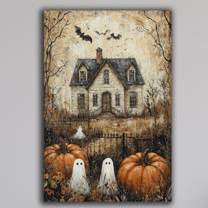Spooky Haunted House Canvas Wall Art Ghosts and Pumpkins Painting Print Haunting Halloween Wall Decor Creepy Autumn Poster Ready to Hang