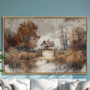 Autumn Cabin Landscape Canvas Print: Rustic Countryside Wall Art