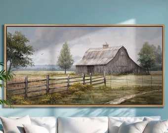 May include: A painting of a rustic wooden barn with a metal roof, surrounded by a wooden fence and green grass. The barn is set against a cloudy sky with trees in the background.