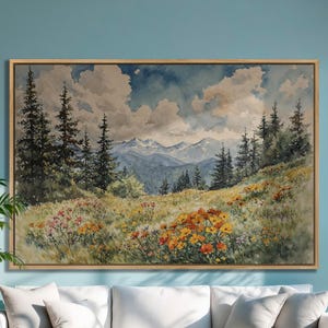 Framed Mountain Landscape Canvas Print: Wildflower Meadow Watercolor