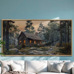 Cuadro de cabaña aislada en un bosque, impresión de cabaña de troncos de bosque, lienzo, arte de pared, decoración rústica de pared, listo para colgar, regalo, póster de vida en el campo