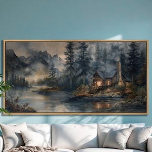 Riverside Cabin Canvas Art: Misty Mountain Pine Forest Wall Decor