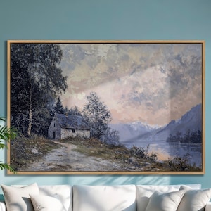 Rustic Cabin Framed Canvas Print: Misty Mountain Lake Landscape Wall Art