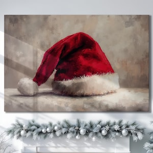 Festive Red Santa Hat Canvas Wall Art Christmas Spirit Painting Print Holiday Atmosphere Poster Xmas Decoration Decor Gift Ready to Hang