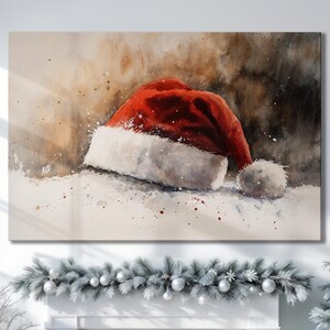 Red Santa Hat in Snow Canvas Wall Art Christmas Hat Painting Print Holiday Atmosphere Poster Xmas Decoration Decor Xmas Gift Ready to Hang