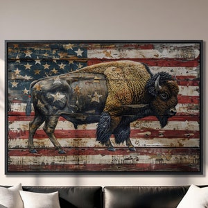 American Bison Canvas Art: Vintage USA Flag Wood Panel Print