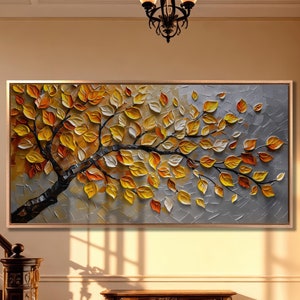 Pintura abstracta de árbol de otoño impresa en lienzo con hojas, follaje otoñal, lienzo, arte de pared, decoración de pared moderna grande, póster artístico vibrante, regalo